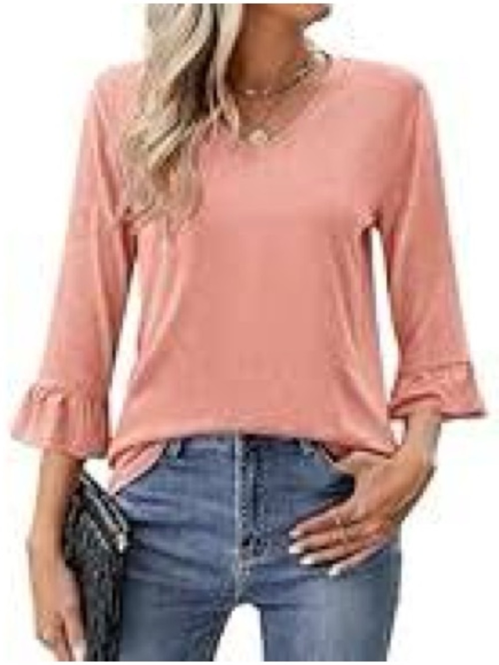 Sampeel top features a V-neckline and ruffled 3/4 length sleeves. Size S